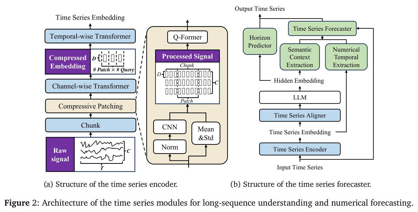 Architecture of the time series modules for long-sequence understanding and numerical forecasting.