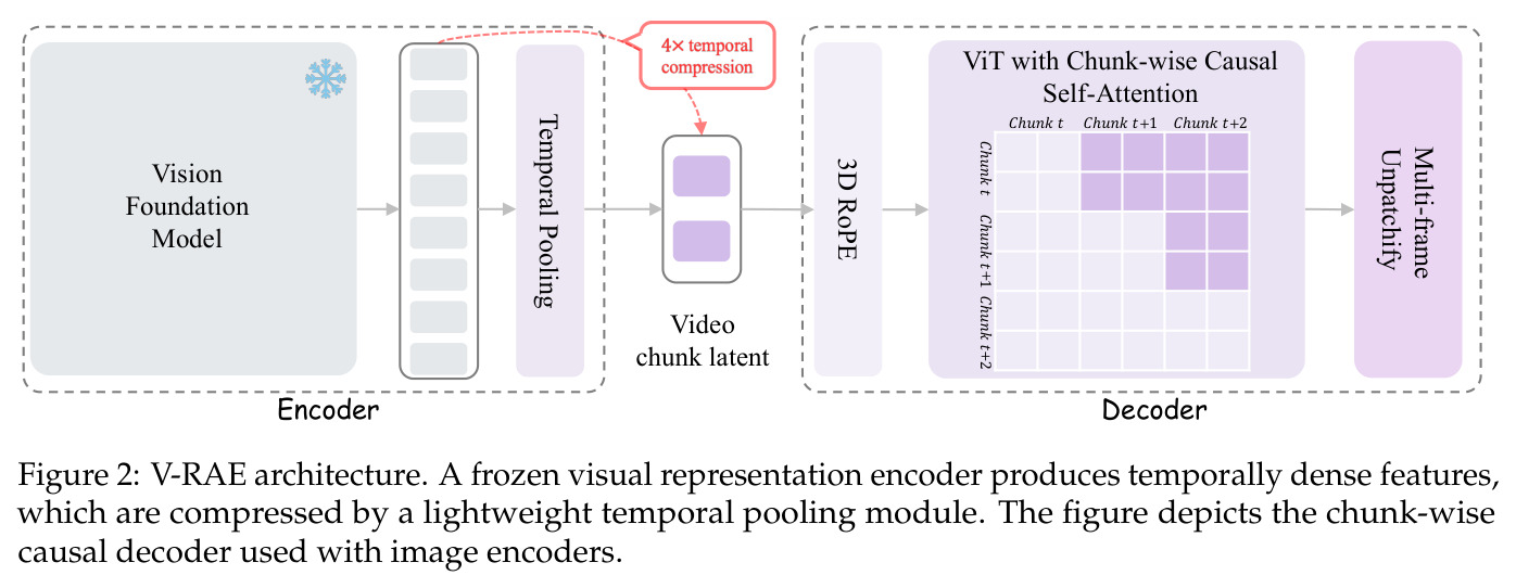 V-RAE architecture: frozen visual representation encoder → temporal pooling → chunk-wise causal Transformer decoder with 3D RoPE → multi-frame unpatchify.