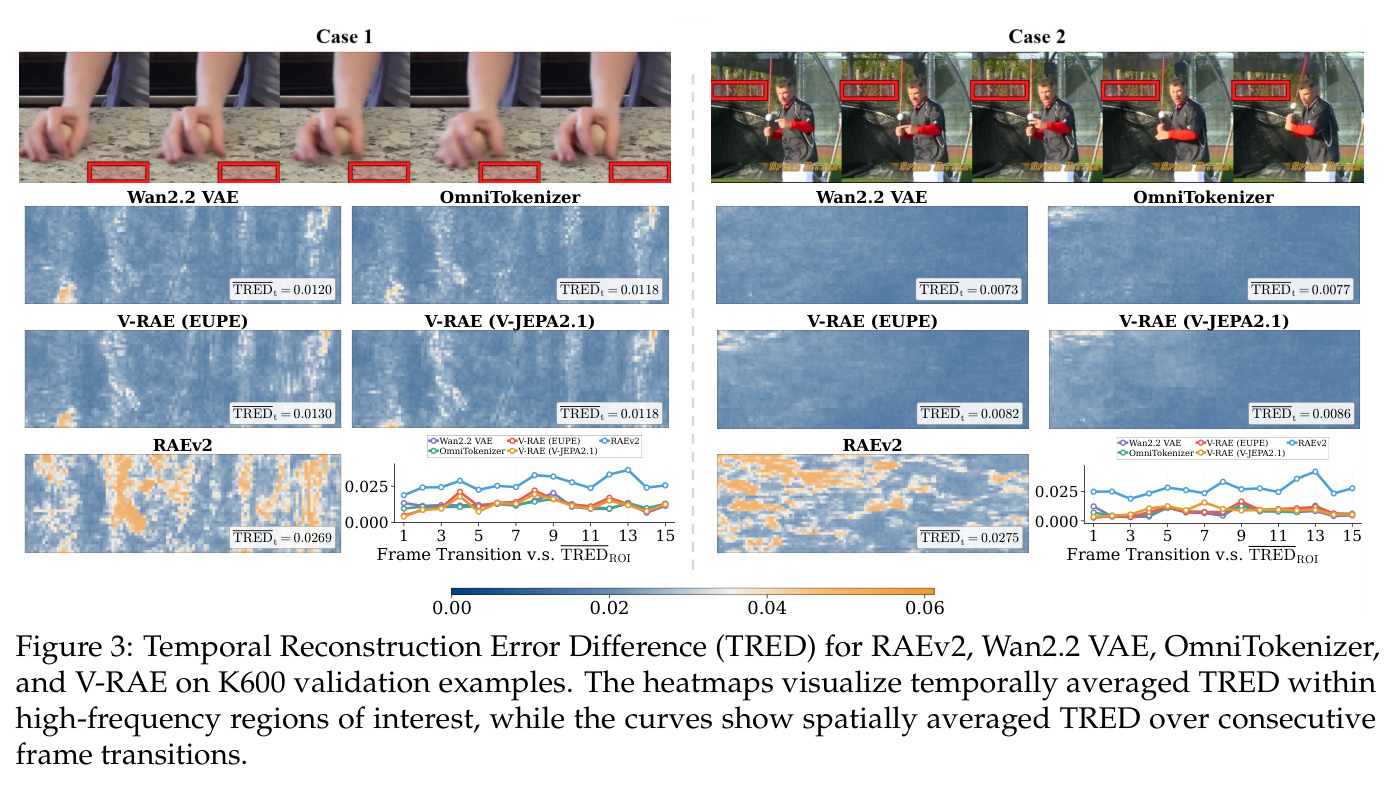 Temporal Reconstruction Error Difference (TRED) for RAEv2, Wan2.2 VAE, OmniTokenizer, and V-RAE on K600 validation examples.