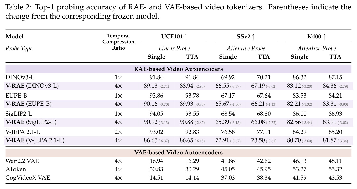Top-1 probing accuracy of RAE- and VAE-based video tokenizers on UCF101, SSv2, K400.