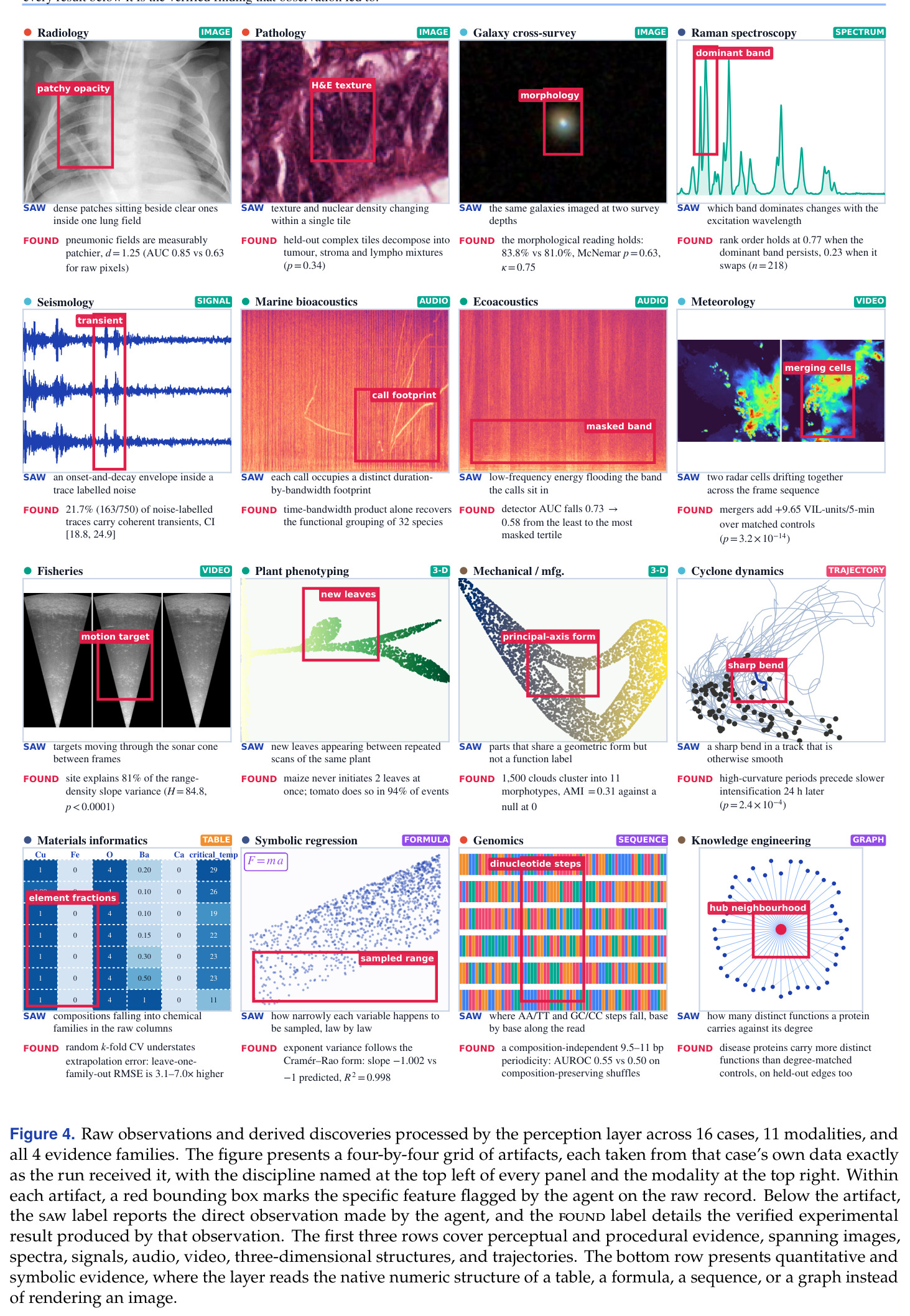 Raw observations and derived discoveries processed by the perception layer across 16 cases, 11 modalities, and all 4 evidence families.