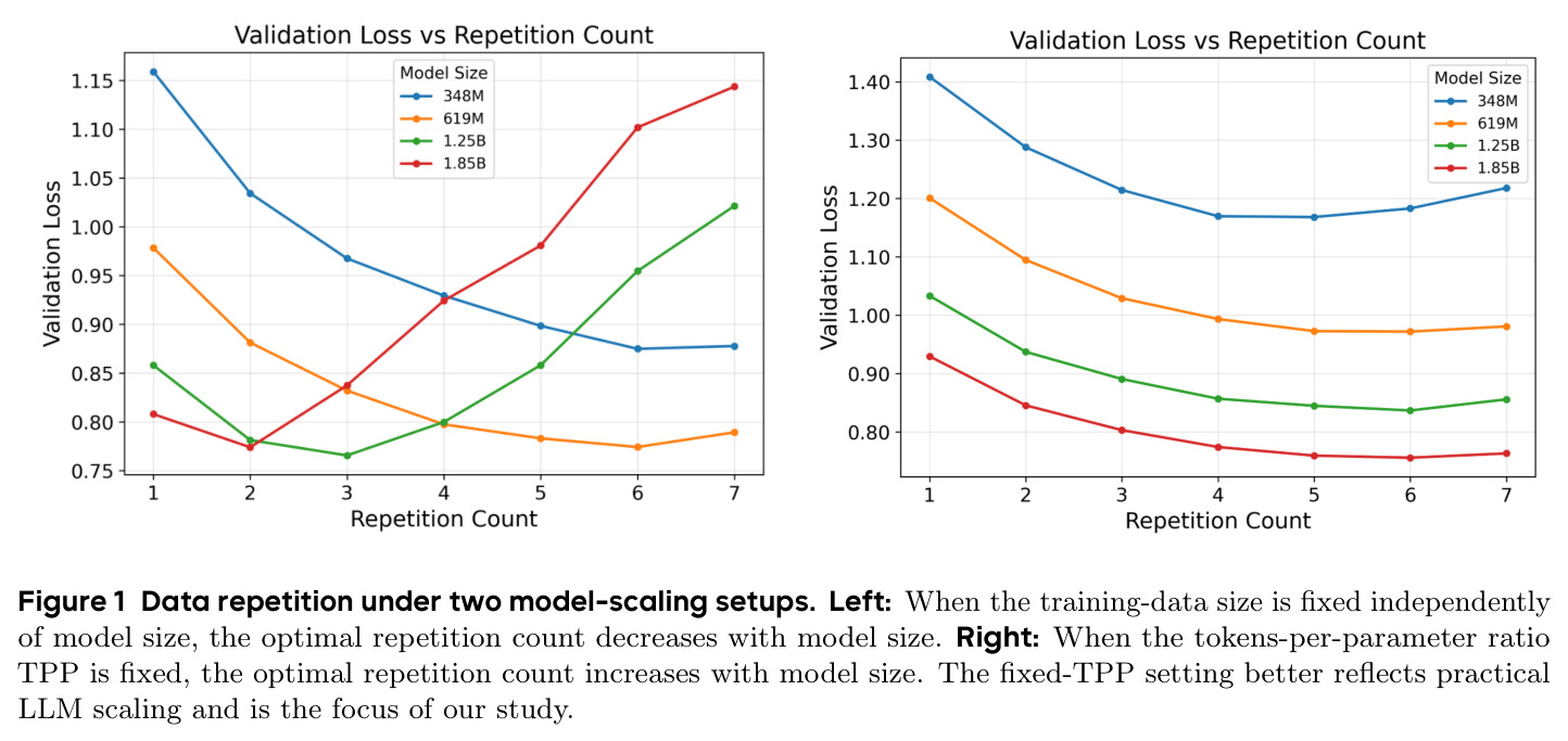 Data repetition under two model-scaling setups
