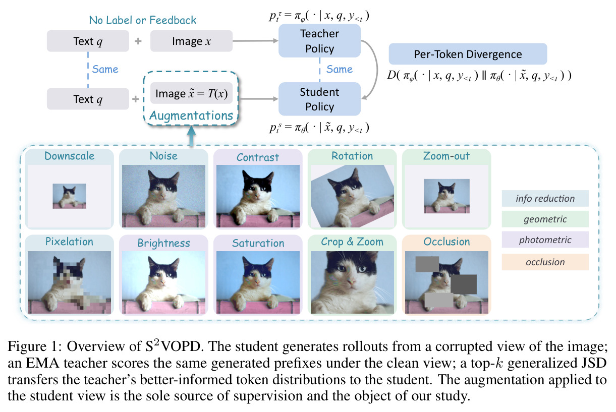 Overview of S2VOPD. The student generates rollouts from a corrupted view of the image; an EMA teacher scores the same generated prefixes under the clean view; a top-k generalized JSD transfers the teacher's better-informed token distributions to the student.