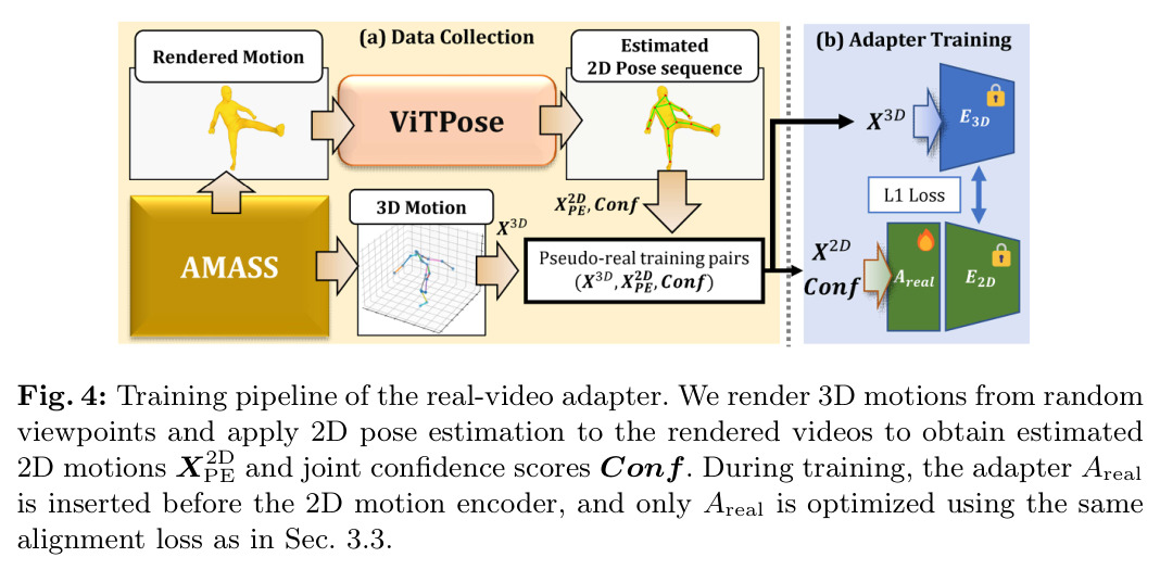 Training pipeline of the real-video adapter. 3D motions from AMASS are rendered from random viewpoints and 2D pose estimation (ViTPose) is applied to the rendered videos to obtain estimated 2D motions and confidence scores. During training, the adapter is inserted before the 2D motion encoder and only the adapter is optimized using the same alignment loss as in Sec. 3.3.