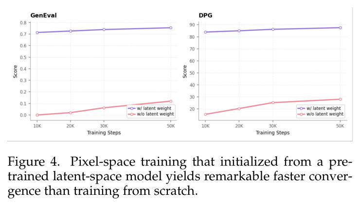 Pixel-space training that initialized from a pre-trained latent-space model yields remarkable faster convergence than training from scratch.