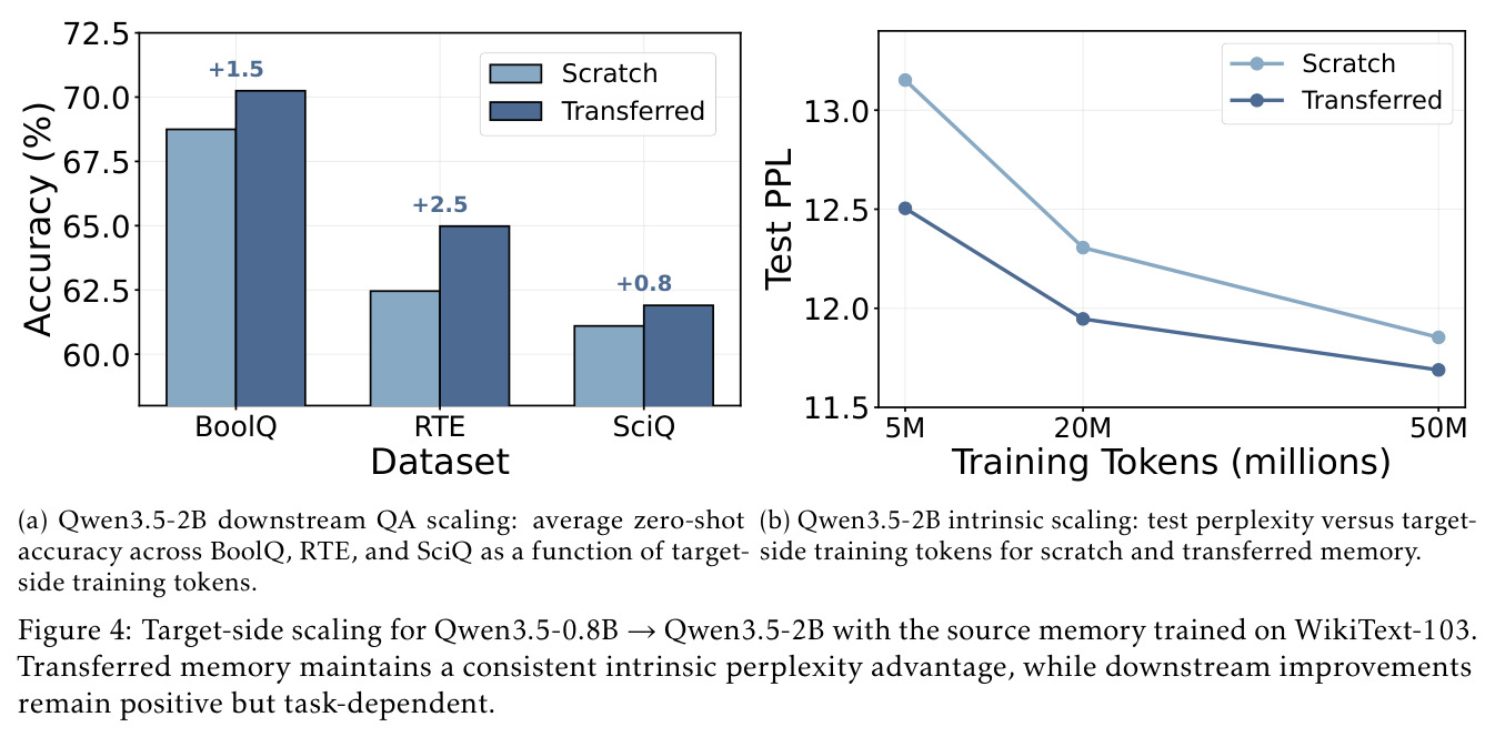 Target-side scaling for Qwen3.5-0.8B→Qwen3.5-2B with the source memory trained on WikiText-103. Transferred memory maintains a consistent intrinsic perplexity advantage, while downstream improvements remain positive but task-dependent.