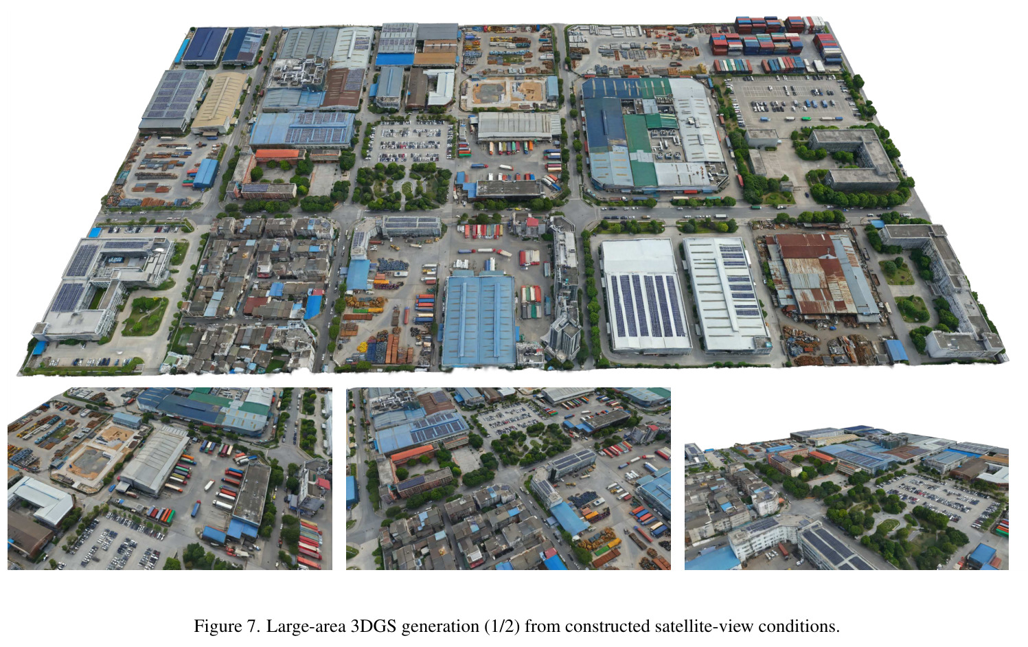 Large-area 3DGS generation (1/2) from constructed satellite-view conditions.