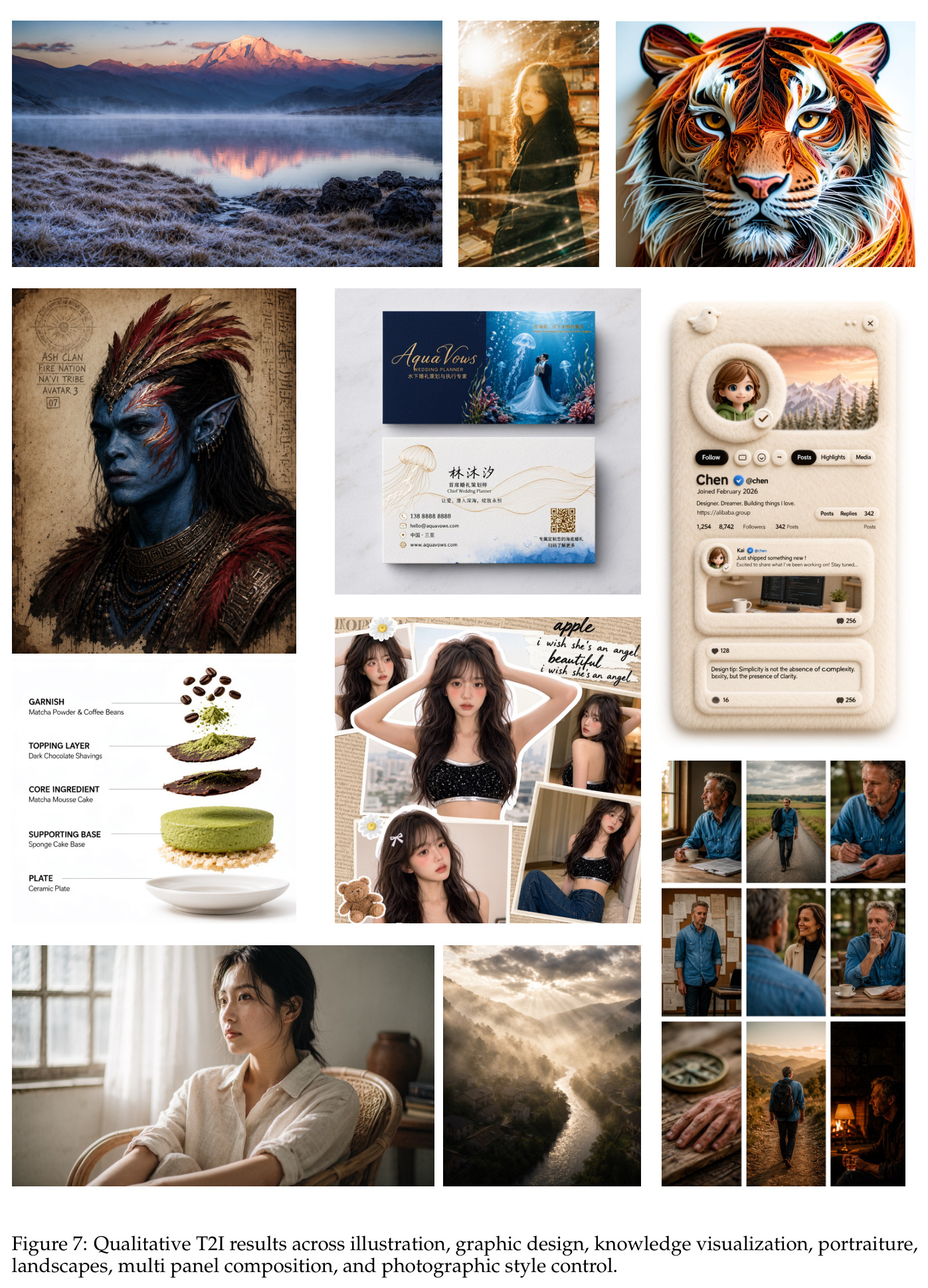 Qualitative T2I results across illustration, graphic design, knowledge visualization, portraiture, landscapes, multi panel composition, and photographic style control.