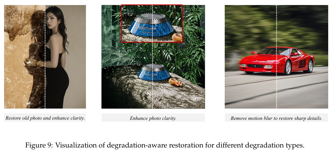 Visualization of degradation-aware restoration for different degradation types.