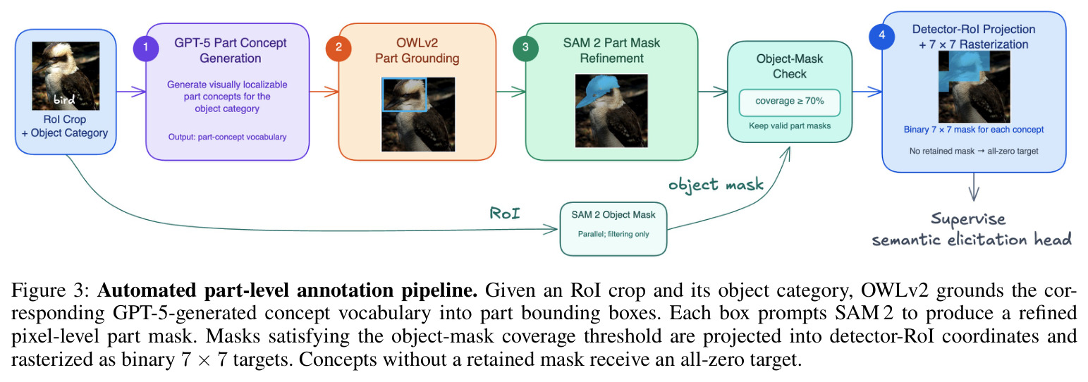 Automated part-level annotation pipeline. Given an RoI crop and its object category, OWLv2 grounds the corresponding GPT-5-generated concept vocabulary into part bounding boxes. Each box prompts SAM 2 to produce a refined pixel-level part mask.