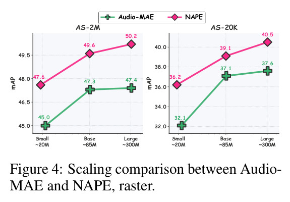 Scaling comparison between Audio-MAE and NAPE, raster.