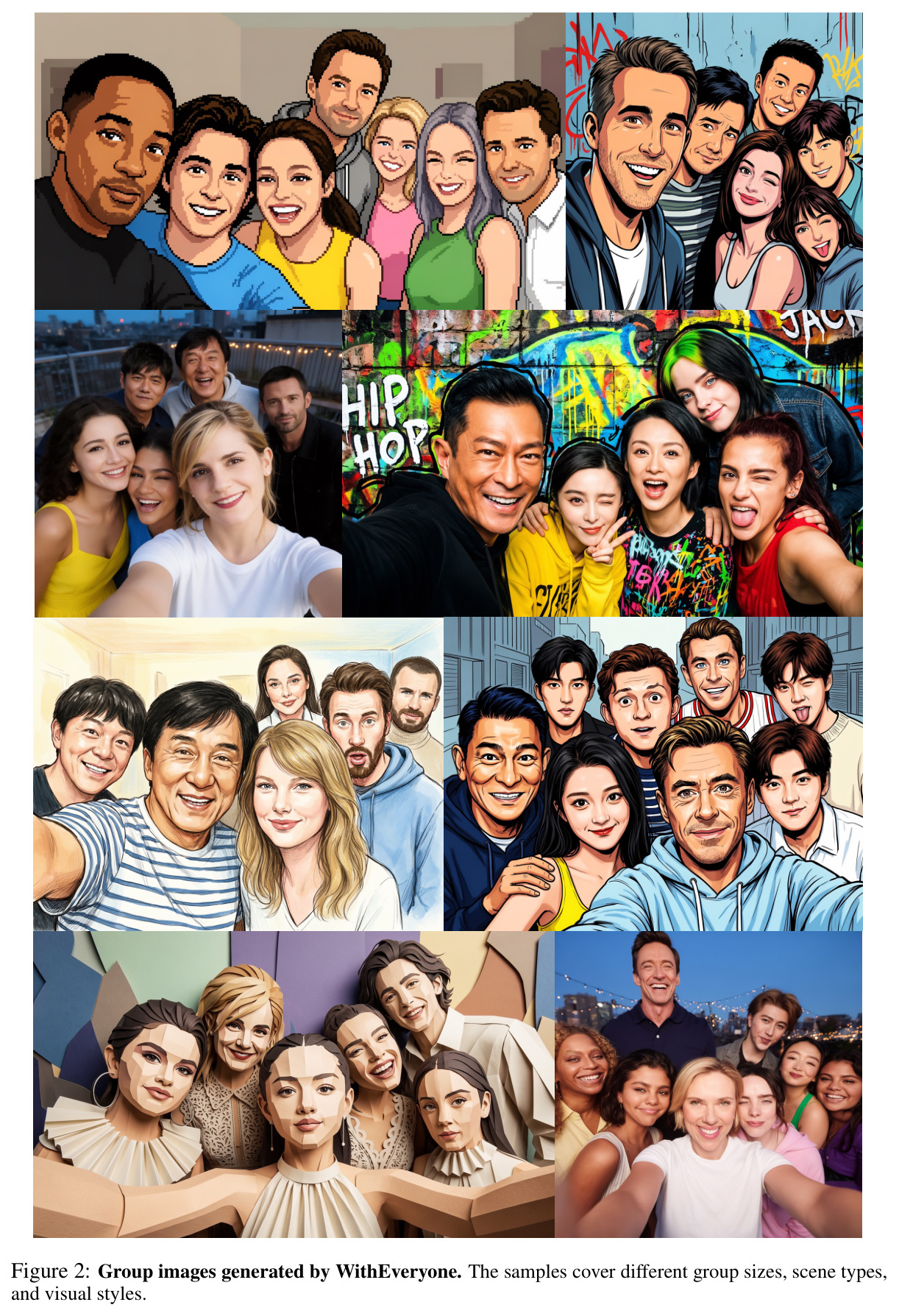 Group images generated by WithEveryone. The samples cover different group sizes, scene types, and visual styles.