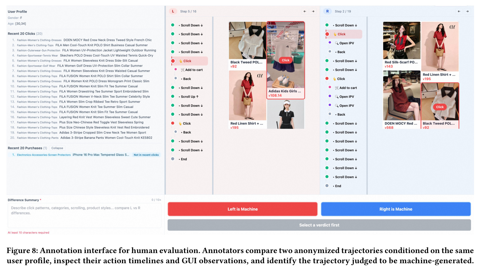 Annotation interface for human evaluation. Annotators compare two anonymized trajectories conditioned on the same user profile, inspect their action timelines and GUI observations, and identify the trajectory judged to be machine-generated.