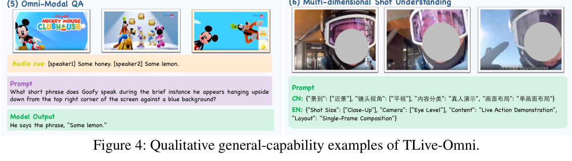 Qualitative general-capability examples of TLive-Omni.