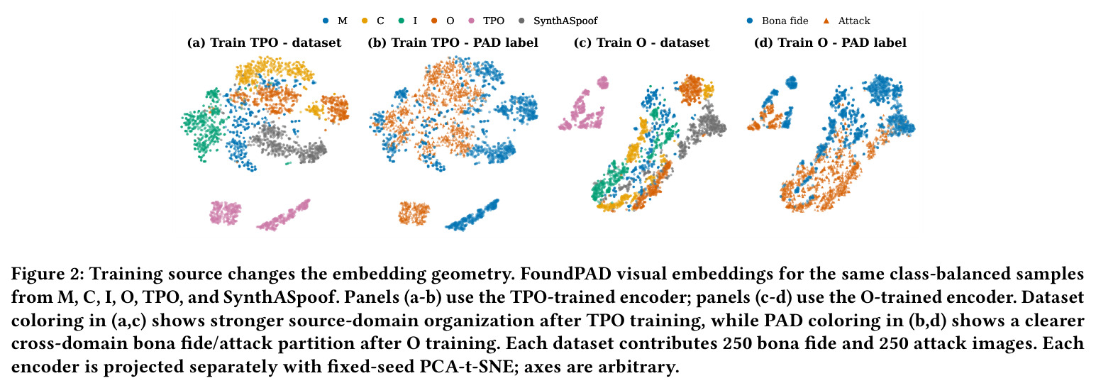 Training source changes the embedding geometry. FoundPAD visual embeddings for the same class-balanced samples from M, C, I, O, TPO, and SynthASpoof.