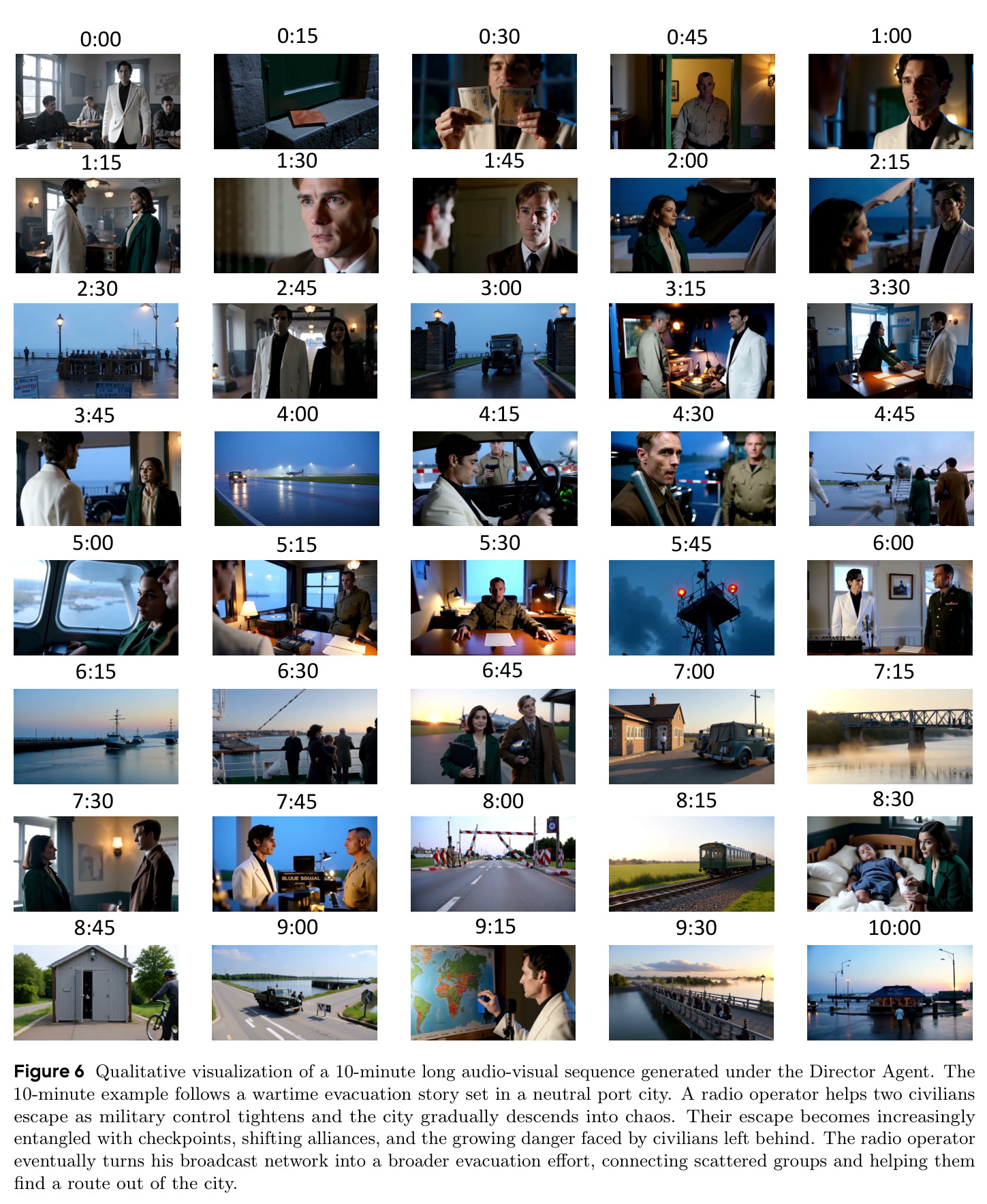 Qualitative visualization of a 10-minute long audio-visual sequence generated under the Director Agent