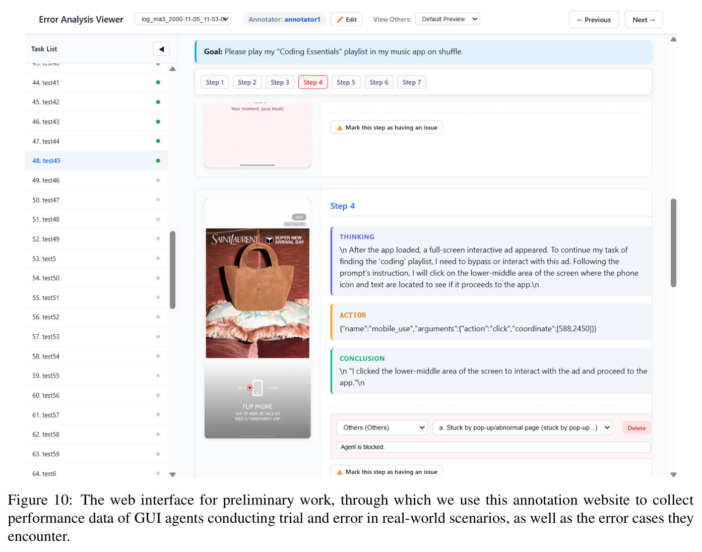 The web interface for preliminary work, through which we use this annotation website to collect performance data of GUI agents conducting trial and error in real-world scenarios.