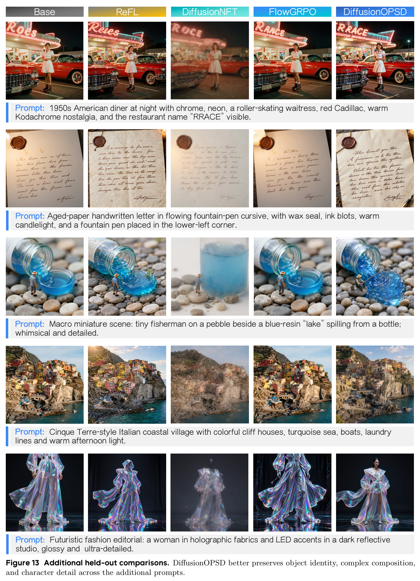 Additional held-out comparisons. DiffusionOPSD better preserves object identity, complex composition, and character detail across the additional prompts.