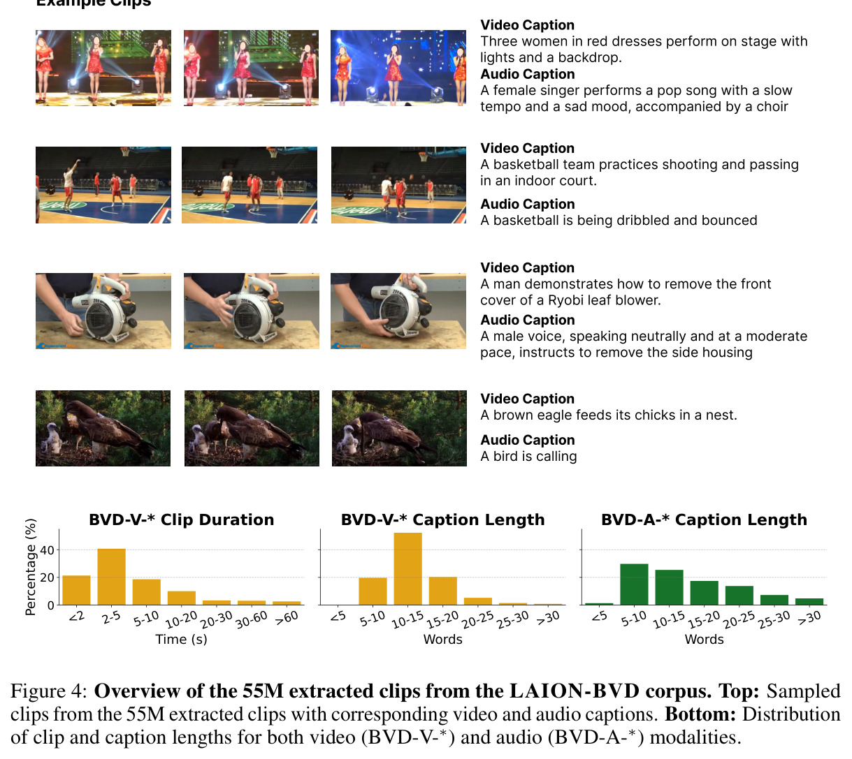Overview of the 55M extracted clips from the LAION-BVD corpus.