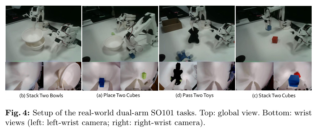 Setup of the real-world dual-arm SO101 tasks
