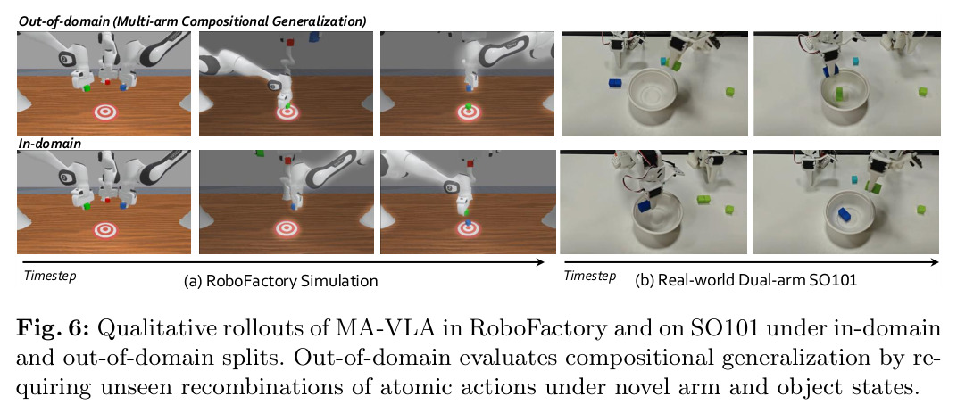 Qualitative rollouts of MA-VLA in RoboFactory and on SO101 under in-domain and out-of-domain splits
