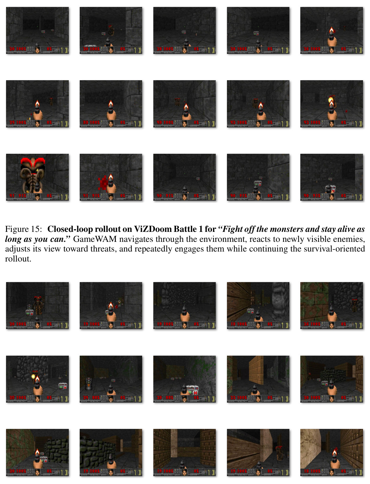 Closed-loop rollout on ViZDoom Battle 1 for 'Fight off the monsters and stay alive as long as you can.'