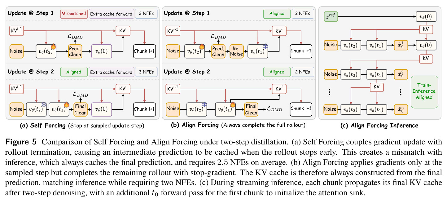 Comparison of Self Forcing and Align Forcing under two-step distillation