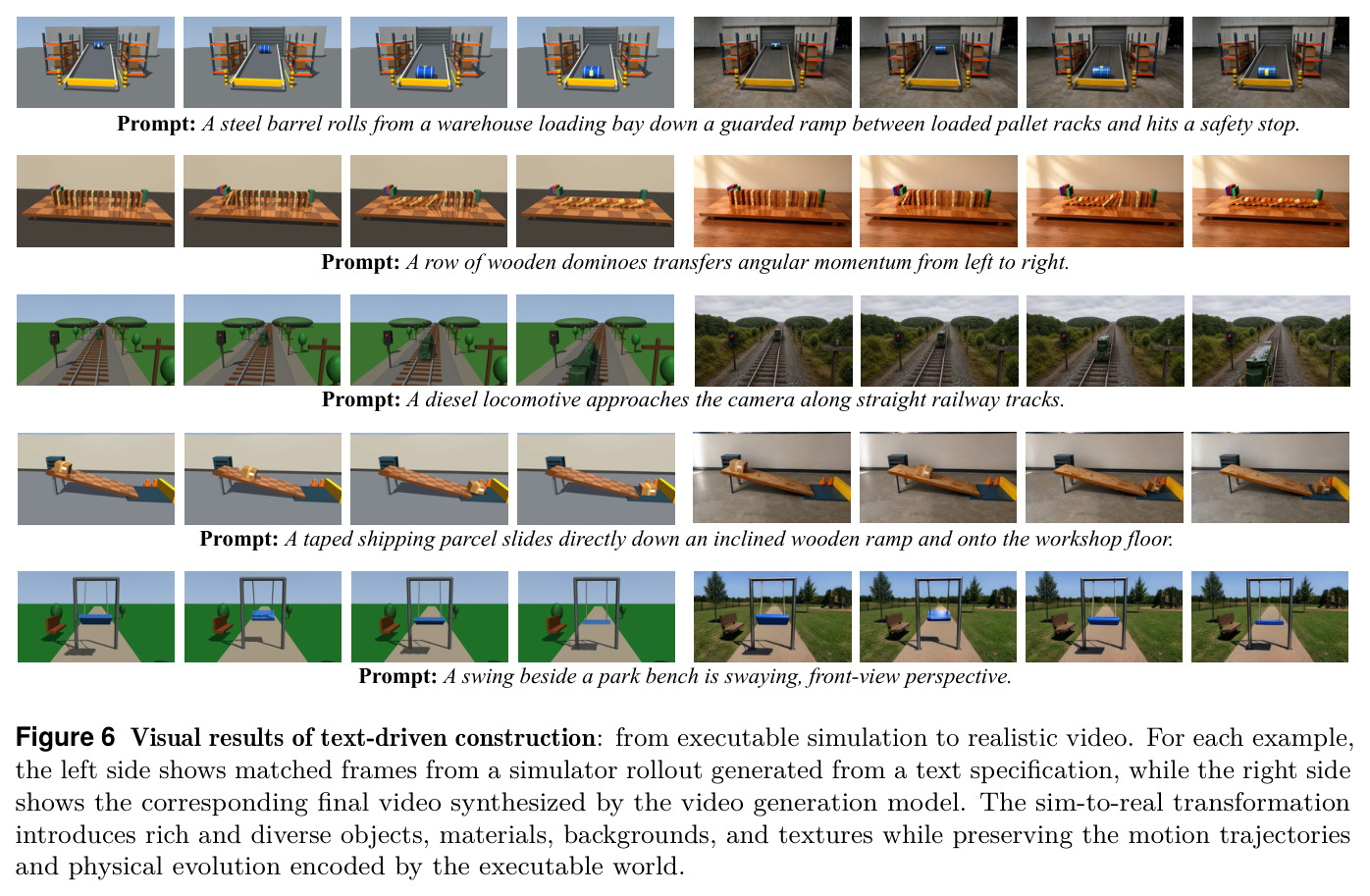 Visual results of text-driven construction: from executable simulation to realistic video.