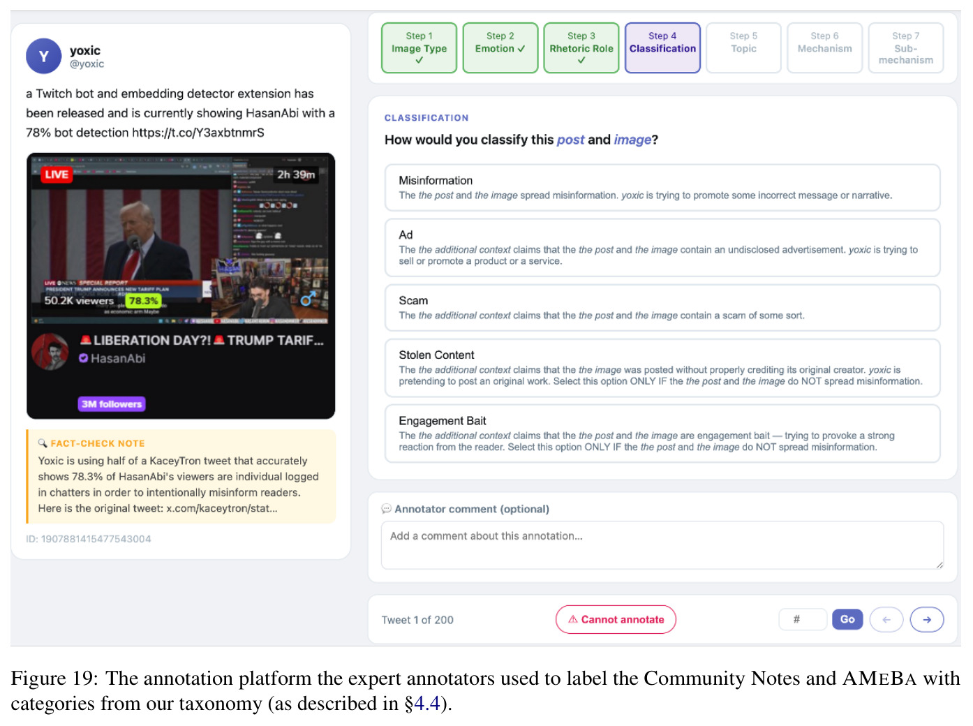 The annotation platform the expert annotators used to label the Community Notes and AMEBA with categories from our taxonomy.