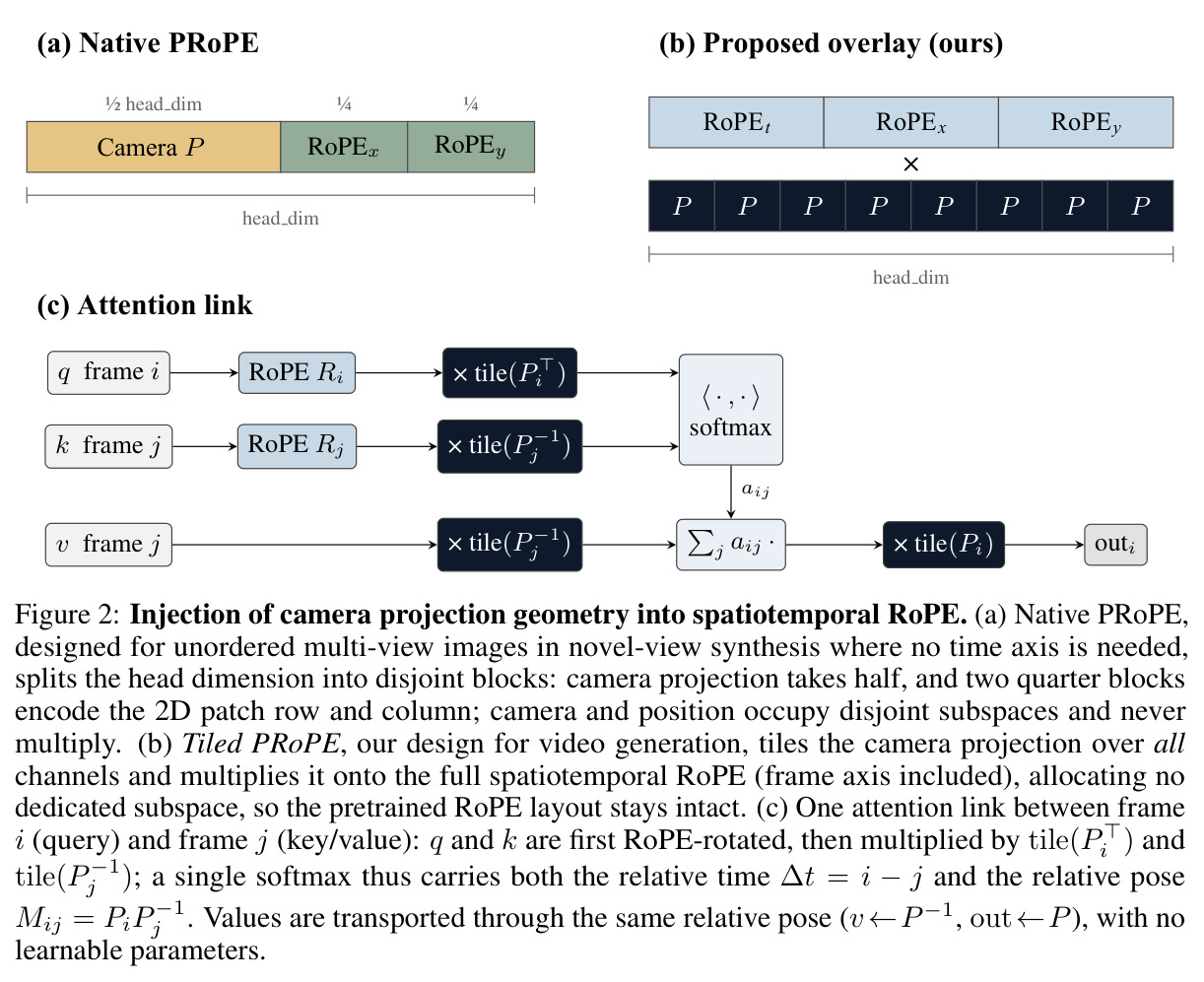 Injection of camera projection geometry into spatiotemporal RoPE.
