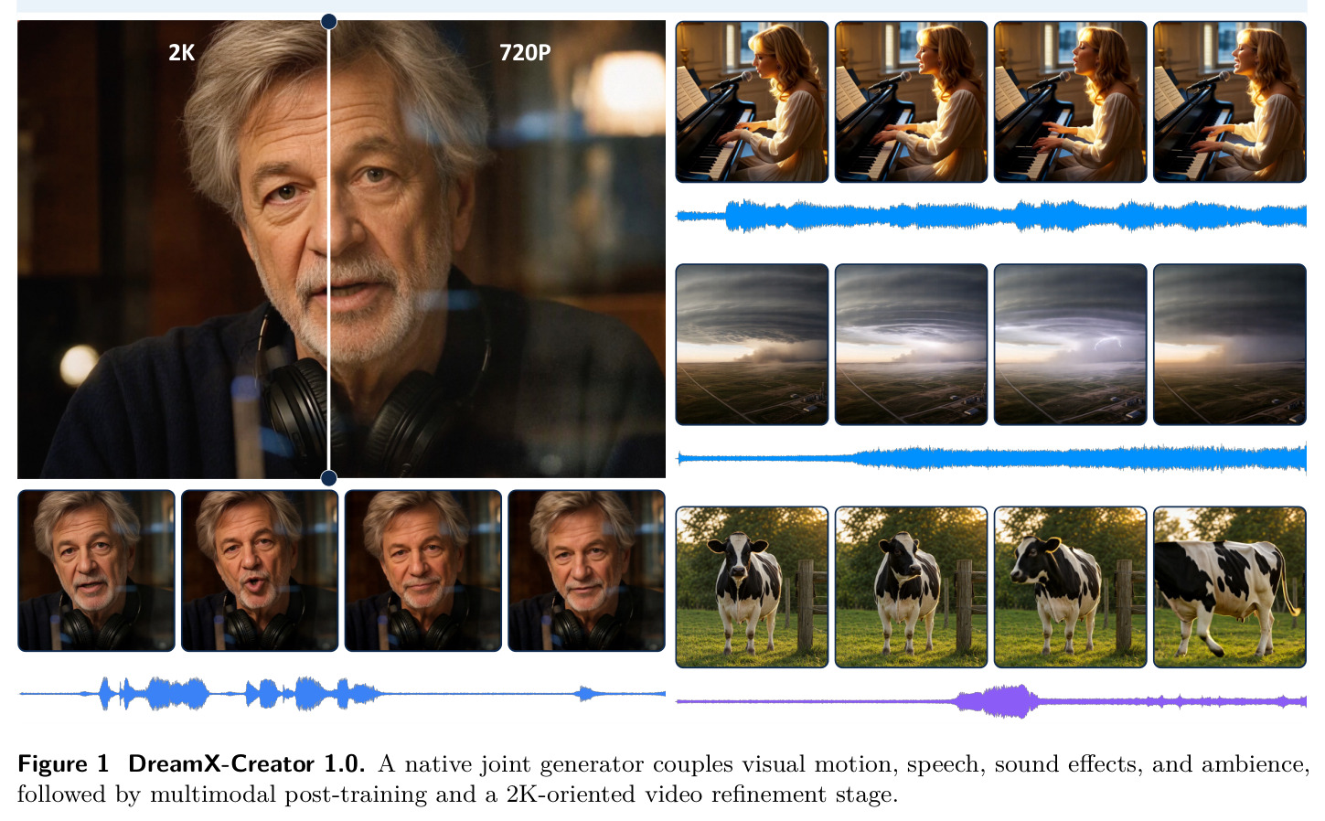 DreamX-Creator 1.0. A native joint generator couples visual motion, speech, sound effects, and ambience, followed by multimodal post-training and a 2K-oriented video refinement stage.