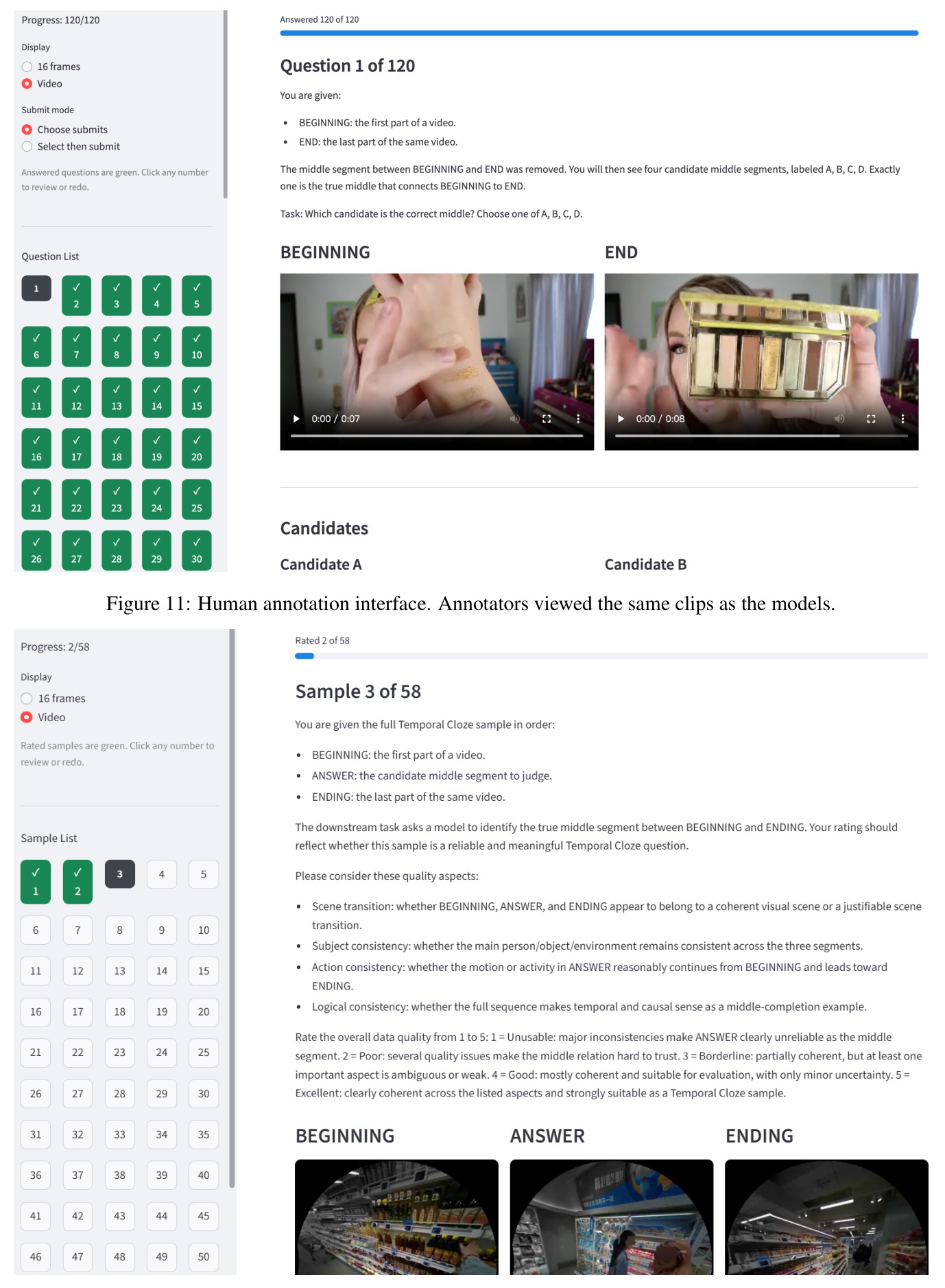 Human annotation interface. Annotators viewed the same clips as the models.