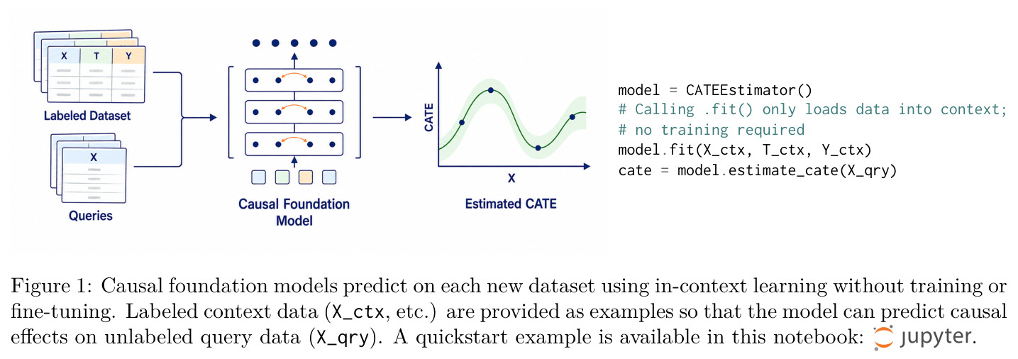 Causal foundation models predict on each new dataset using in-context learning without training or fine-tuning. Labeled context data (X_ctx, etc.) are provided as examples so that the model can predict causal effects on unlabeled query data (X_qry).