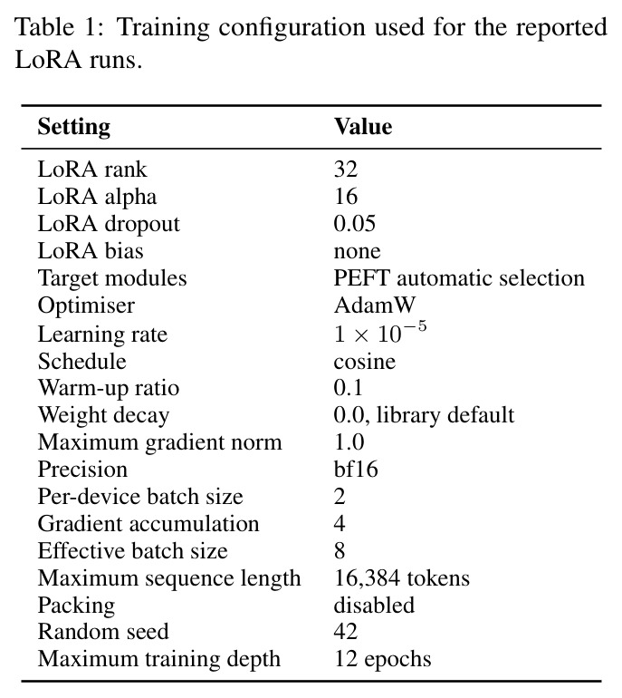 Training configuration used for the reported LoRA runs