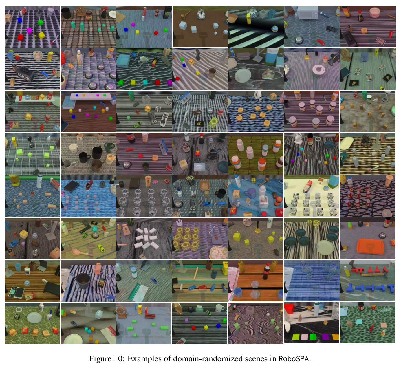 Examples of domain-randomized scenes in RoboSPA