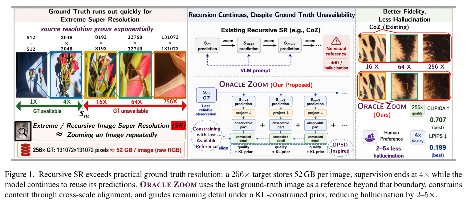 Recursive SR exceeds practical ground-truth resolution: a 256× target stores 52 GB per image... ORACLE ZOOM uses the last ground-truth image as a reference beyond that boundary... reducing hallucination by 2–5×.