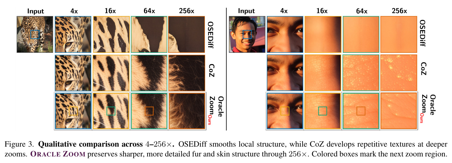Qualitative comparison across 4–256×. OSEDiff smooths local structure, while CoZ develops repetitive textures at deeper zooms. ORACLE ZOOM preserves sharper, more detailed fur and skin structure through 256×.