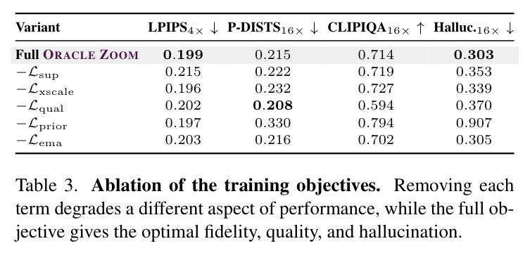 Ablation of the training objectives. Removing each term degrades a different aspect of performance, while the full objective gives the optimal fidelity, quality, and hallucination.