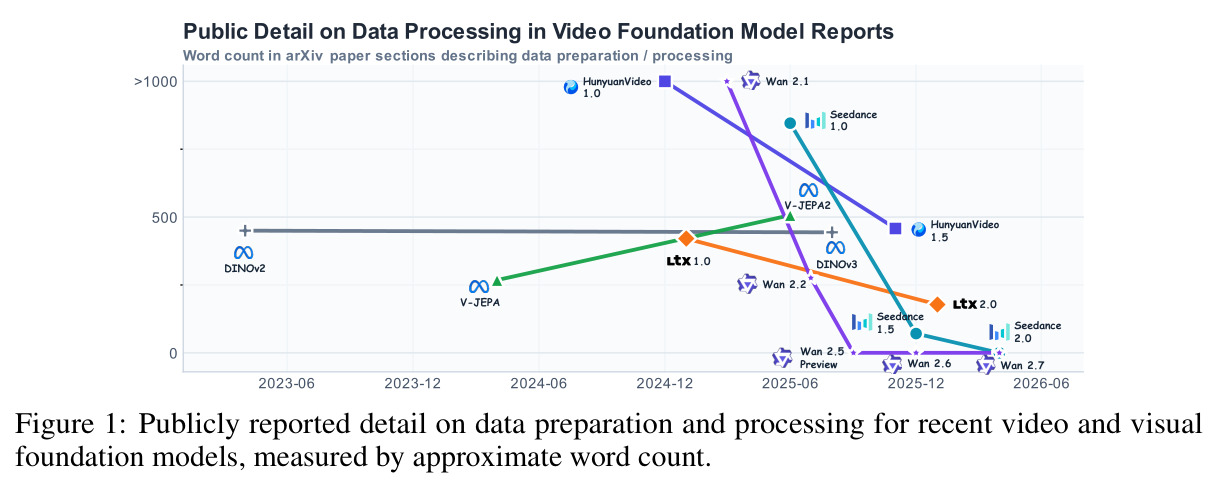 Publicly reported detail on data preparation and processing for recent video and visual foundation models, measured by approximate word count.