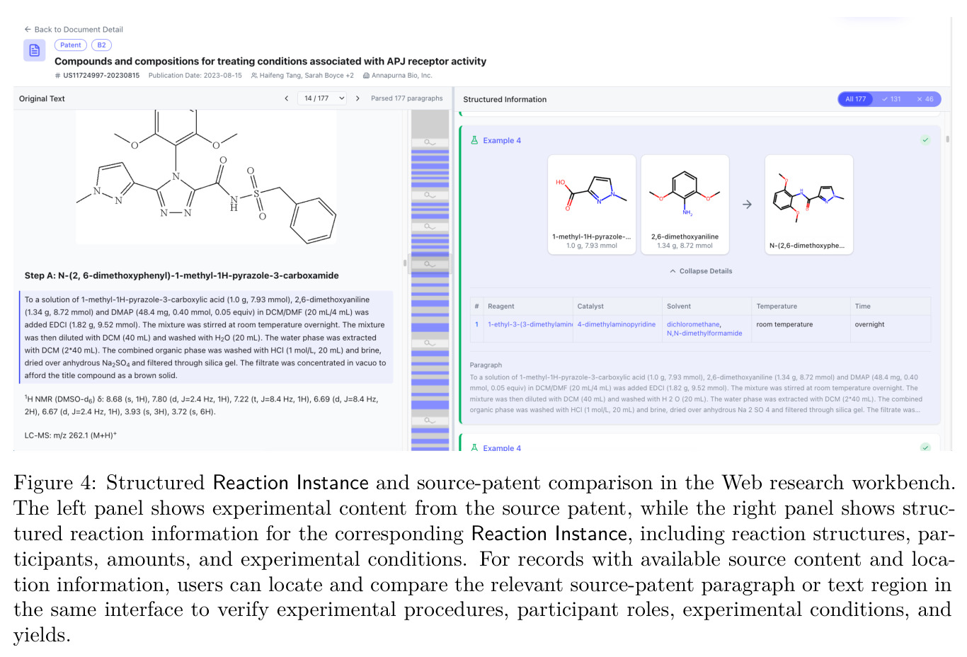 Structured Reaction Instance and source-patent comparison in the Web research workbench