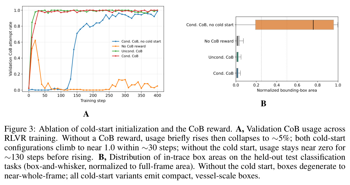 Ablation of cold-start initialization and the CoB reward. A, Validation CoB usage across RLVR training. B, Distribution of in-trace box areas on the held-out test classification tasks.