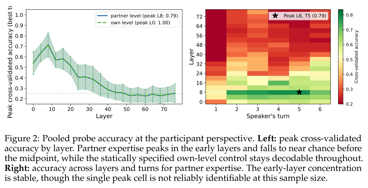 Pooled probe accuracy at the participant perspective. Left: peak cross-validated accuracy by layer. Partner expertise peaks in the early layers and falls to near chance before the midpoint, while the statically specified own-level control stays decodable throughout. Right: accuracy across layers and turns for partner expertise. The early-layer concentration is stable, though the single peak cell is not reliably identifiable at this sample size.